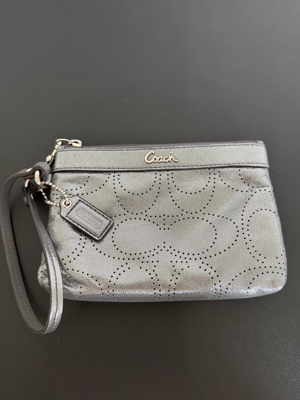 Coach Perforated Signature C Metallic Pewter Wristlet Silver Gray